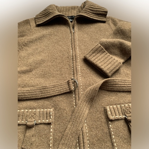Paraphrase belt & zip closure brown wool cardigan with 2 front pockets, XL - Picture 4 of 9
